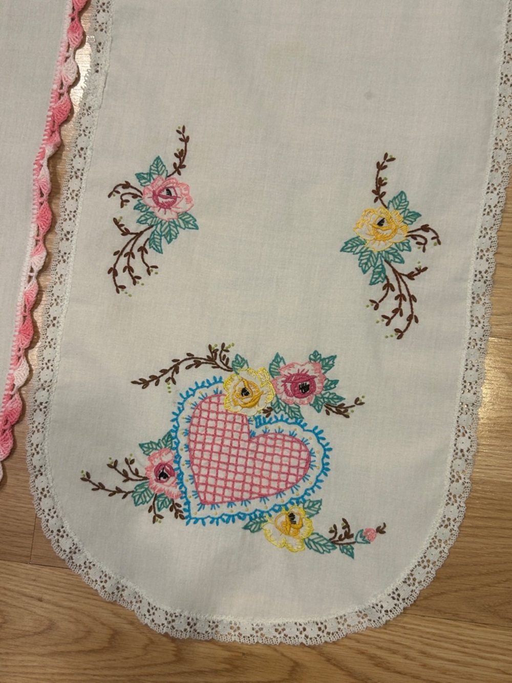 Embroidered Vintage-Style Table Runners - Floral & Pink Trim Qty 2 - Picture 3 of 14